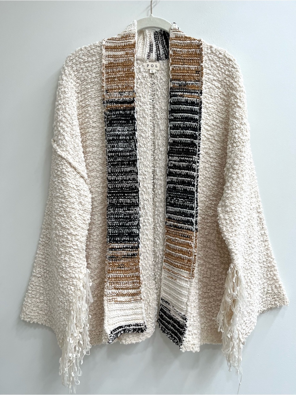 POL cream oversized chunky knit cardigan sweater fringe brown black trim boho LG